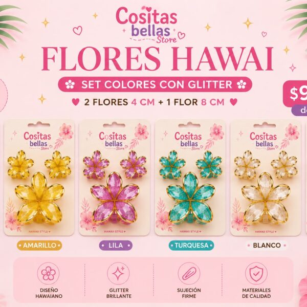 Set flor hawai glitter 1 de 8 cm y 2 de 4 cm